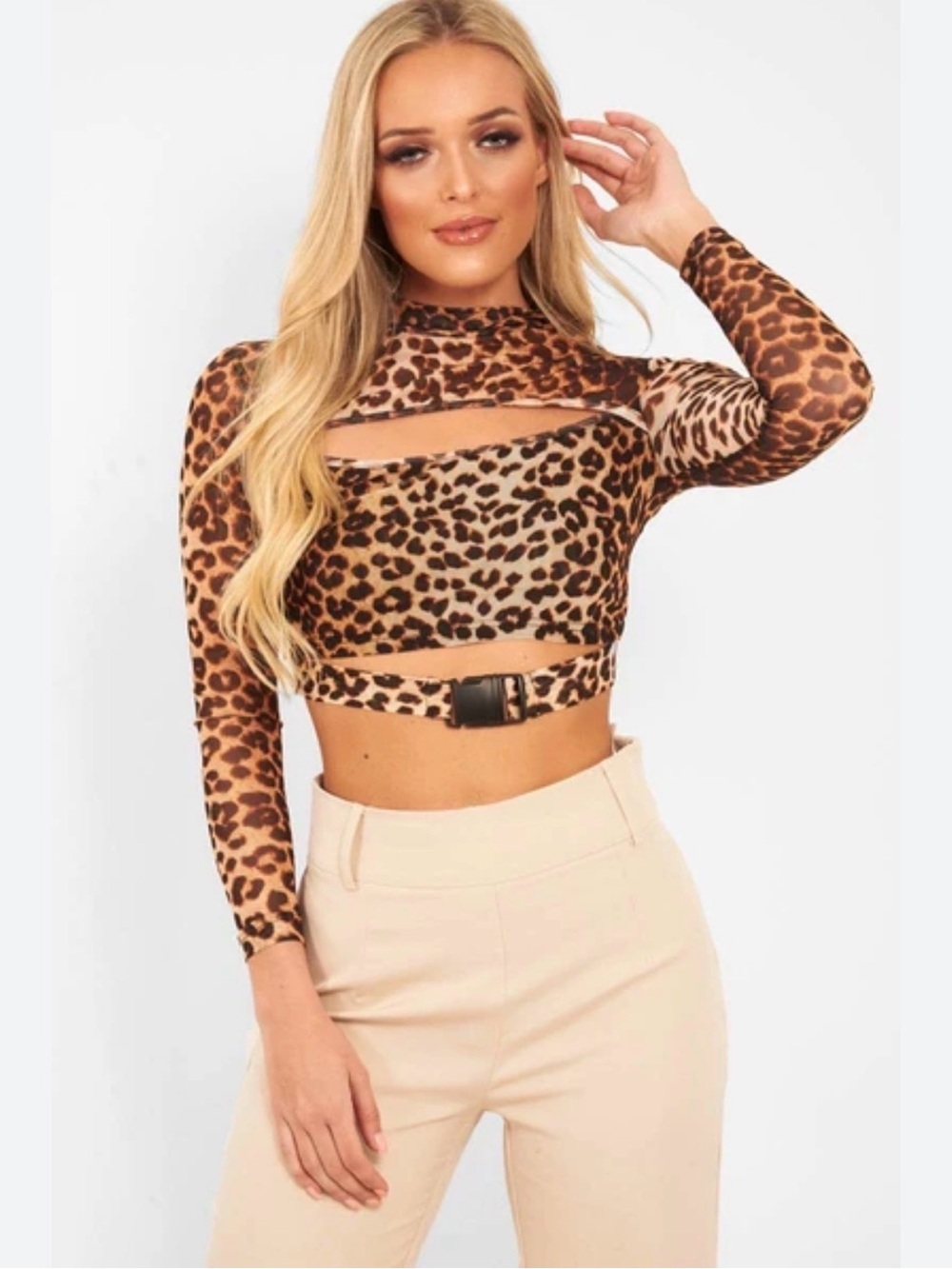 🆕Fashion Nova - Leopard Mesh Cutout Long Sleeve Buckle Crop Top